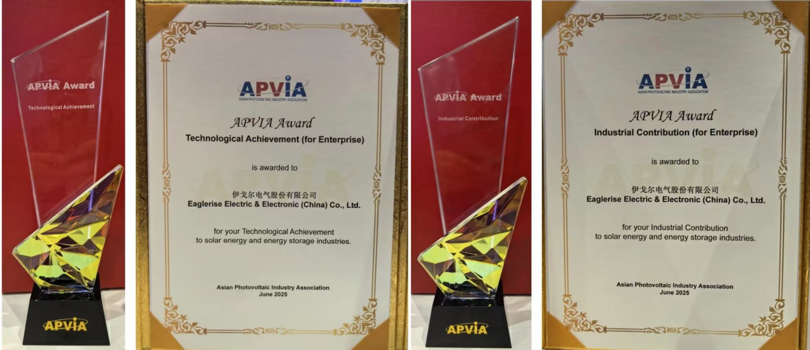 Eaglerise a remporté deux prix de l’Association asiatique de l’industrie photovoltaïque (APVIA).